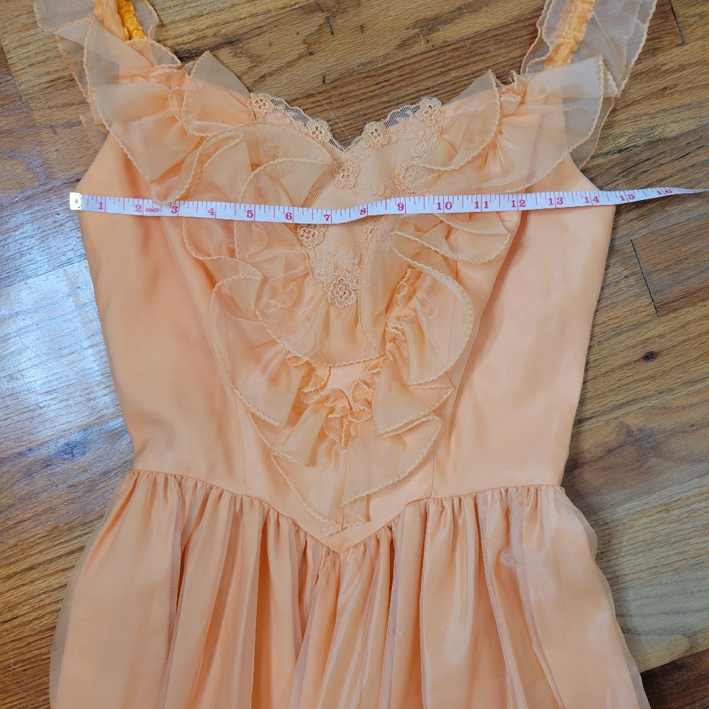 Vintage 1970s Full-length Prom Dress Peach Ruffles Long Flowy Chiffon Formal - Picture 11 of 16